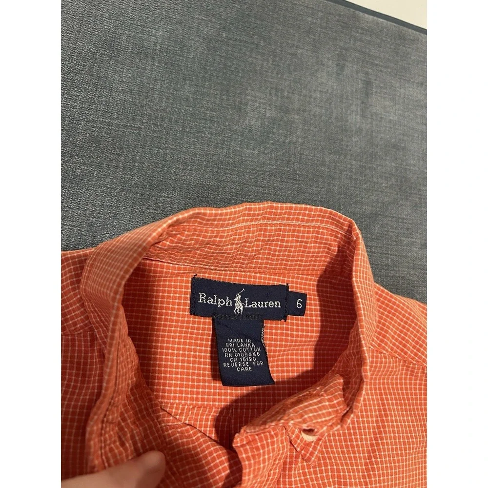 Ralph Lauren Boys Button Down Shirt Size 6 Orange Gingham Blue Pony Short Sleeve